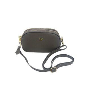Brown Faux Leather Crossbody Bag With Gold Double Zippers & Antler Logo